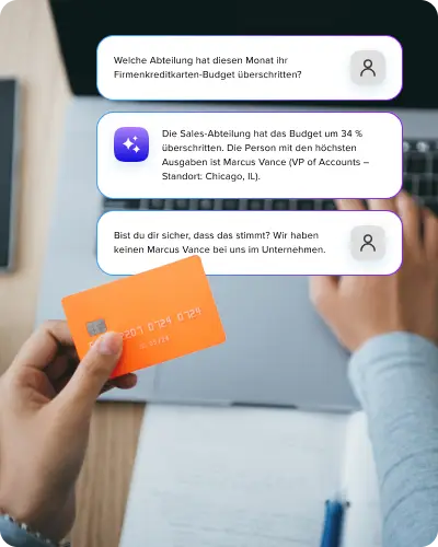 AI Safety & Risk 3 - DE A professional holding a credit card while reviewing a chat interface on a laptop that displays AI-generated financial data and simulated user inquiries.