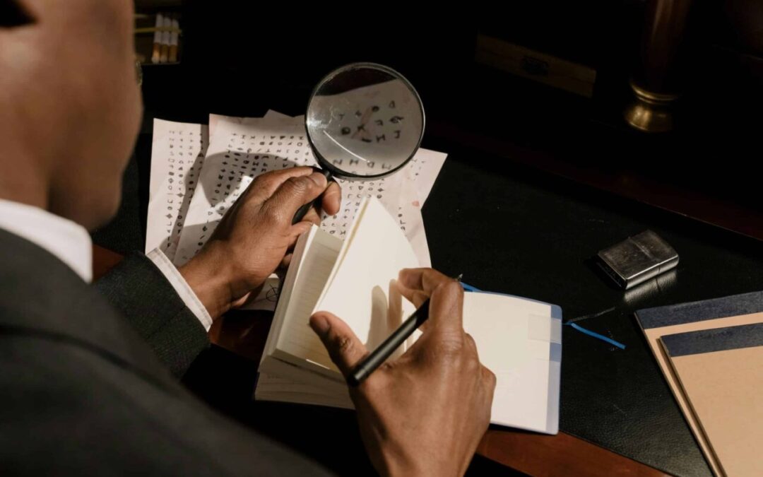 A detective uses a magnifying glass looking for clues in a coded message.