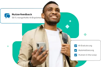 Hero AI Apps & Agents Testing German A smiling professional holding a smartphone, accompanied by graphic overlays displaying user feedback metrics and a checklist for AI evaluation, automation, and human-in-the-loop testing.