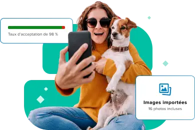 Hero AI Data Collection French A smiling woman holding a smartphone next to her dog, with graphic overlays showing a 98% data acceptance rate and successful image uploads for AI data collection.