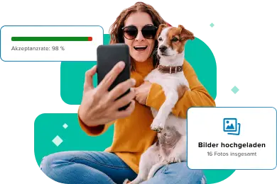 Hero AI Data Collection German A smiling woman holding a smartphone next to her dog, with graphic overlays showing a 98% data acceptance rate and successful image uploads for AI data collection.