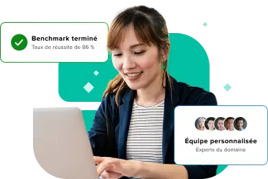 Hero AI Evaluation & Benchmarking French Professional reviewing AI benchmarking dashboard showing an 88% success rate for model performance.