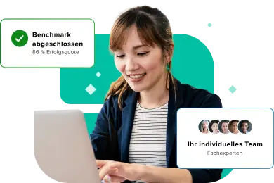 Hero AI Evaluation & Benchmarking German Professional reviewing AI benchmarking dashboard showing an 88% success rate for model performance.
