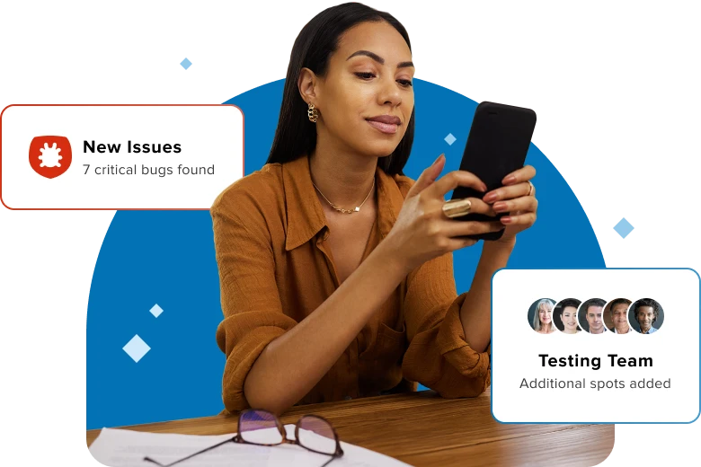 A woman exploring her testing teams results and the bugs they uncovered.