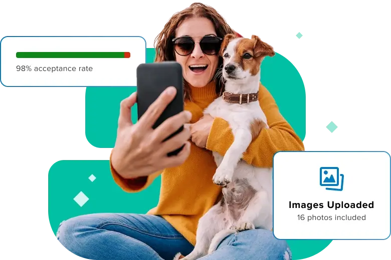 A smiling woman holding a smartphone next to her dog, with graphic overlays showing a 98% data acceptance rate and successful image uploads for AI data collection.