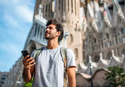 A man enjoying the history of a beautiful town.